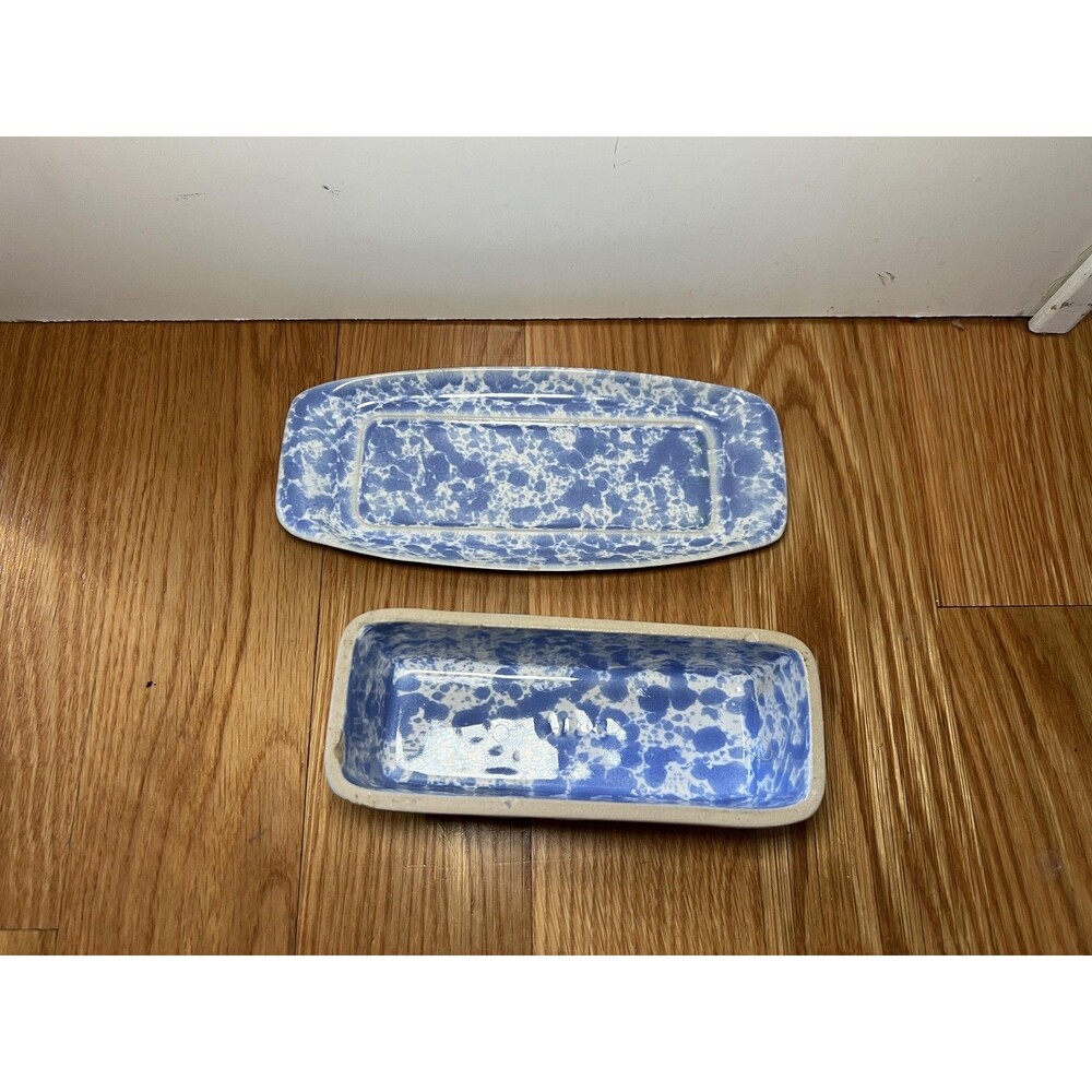 Bennington Potters Stoneware Butter Dish Blue Spongeware 1683 Vermont USA - Picture 5 of 8